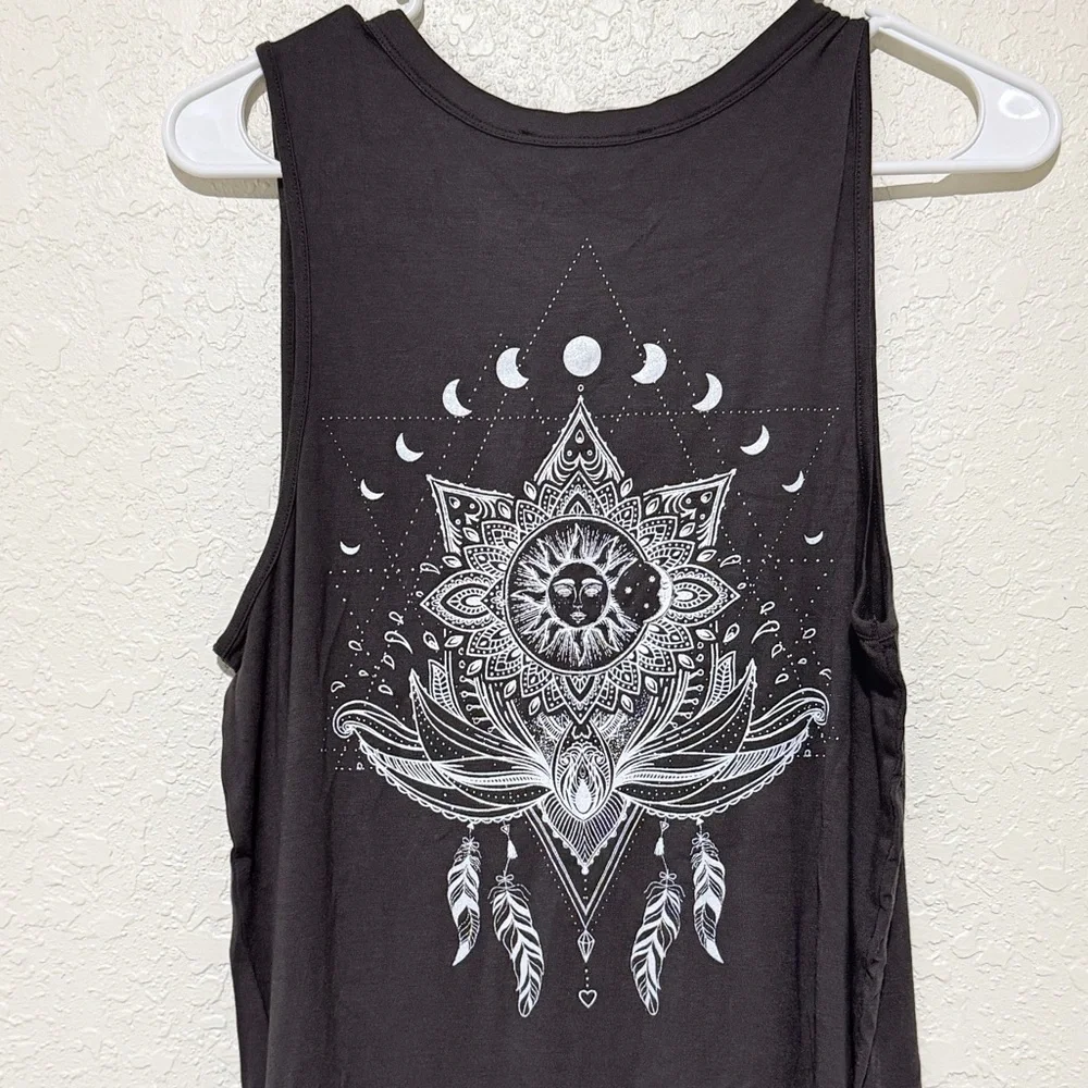NWOT Large Black Boho Graphic Tank Top Sun Moon Lotus Mandala Print 96% Rayon - Picture 2 of 3